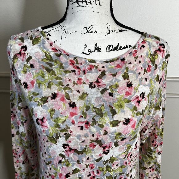 J Jill Love Linen 100% Linen Blouse Pink Green Watercolor Floral Shirt Sz Small - Picture 2 of 14